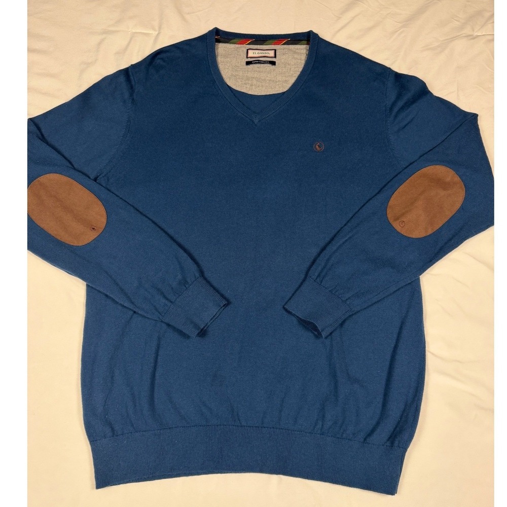 El Ganso Mens Blue Cotton Cashmere V-Neck Sweater Elbow Patches L